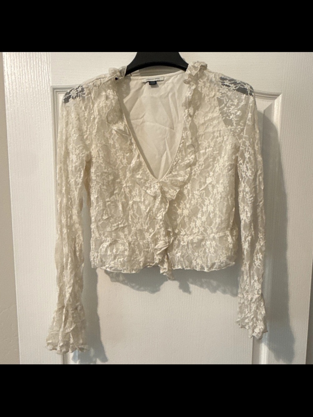 American Eagle Outfitters Ivory Lace Ruffle V-Neck Blouse